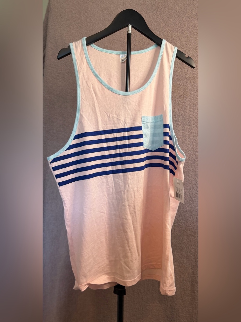 Girls' Pink Tank Top with Navy Stripe and Light Blue Pocket